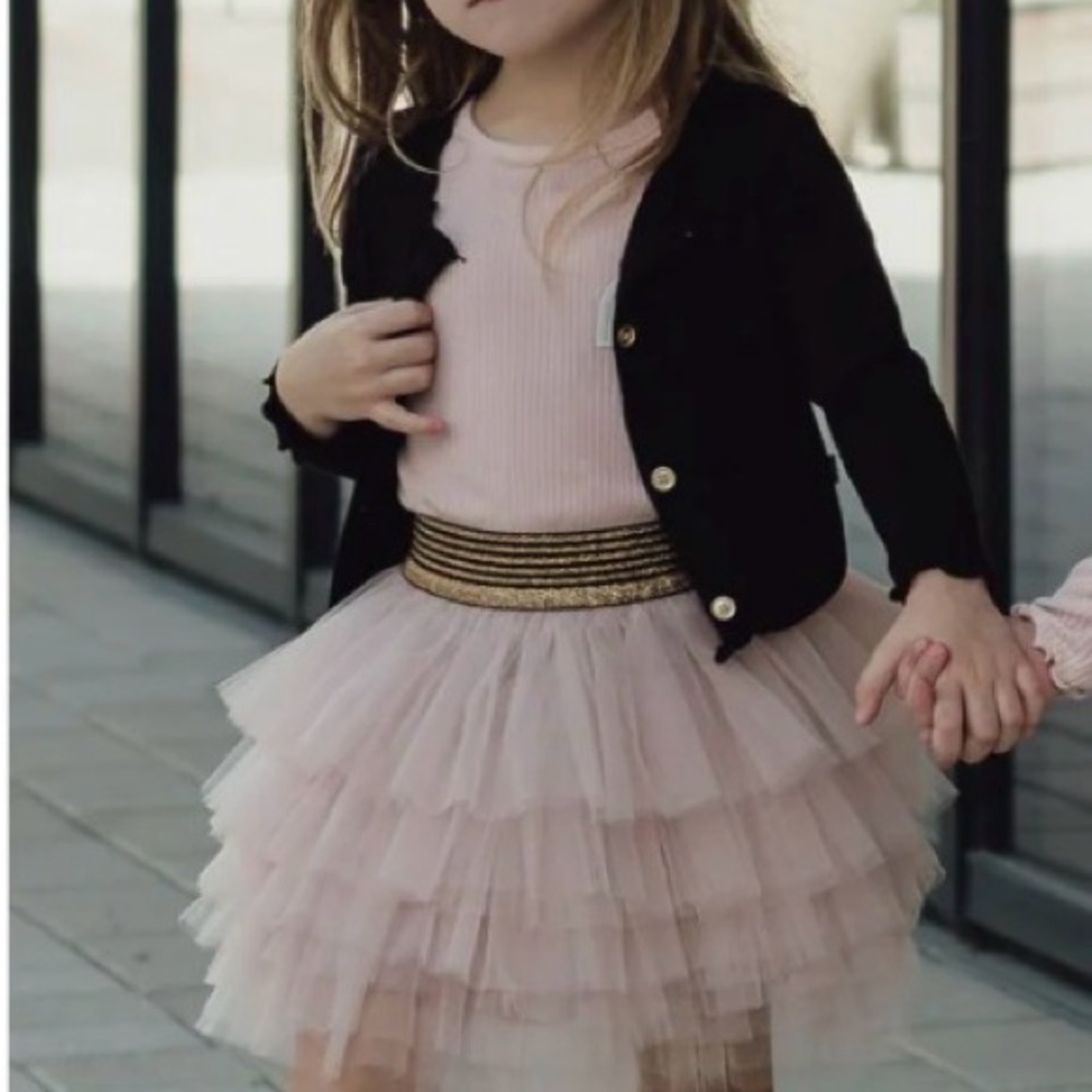 Girls Pink Layered Tulle Skirt with Gold Trim Waistband - Picture 3 of 11
